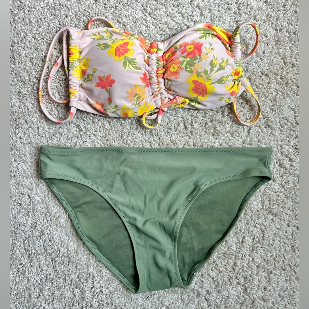 aerie Floral Bandeau Bikini Top and Olive Green Bottoms